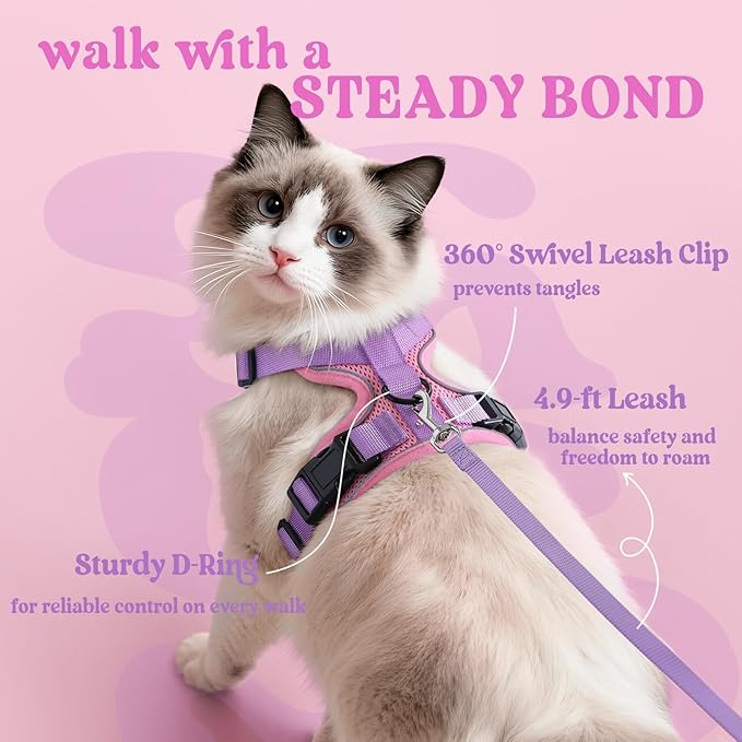 rabbitgoo Cat Harness and Leash for Walking, Escape Proof Soft Adjustable Vest Harnesses for Cats, Easy Control Breathable Reflective Strips Jacket, Pink & Purple, XS