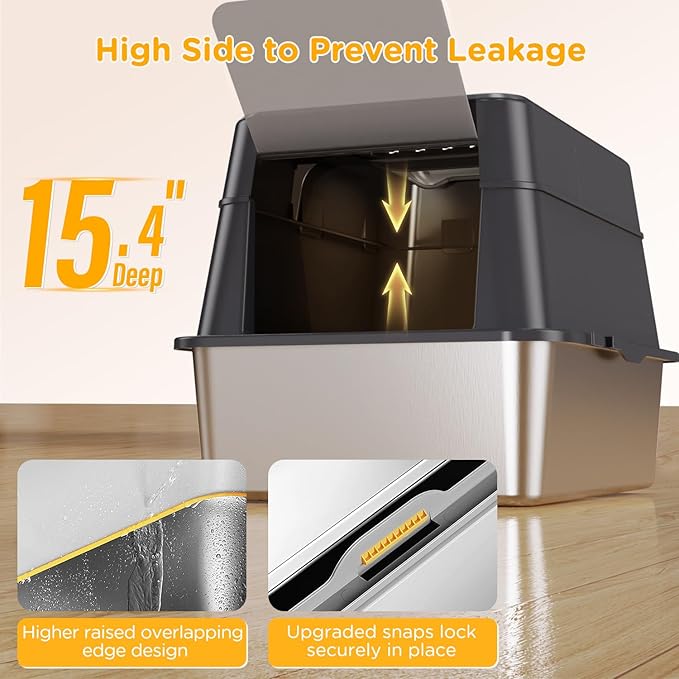 Stainless Steel Litter Box with Lid, XL Closed Metal Litter Box Modular Design with Flip Lid Fits All Cats, Extra Large Covered High Sided Cat Box, Scoop, Non-Sticky, Easy Cleaning (Dark Grey)