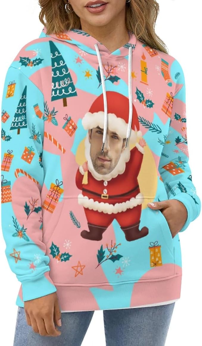 Artsadd Custom Face Unisex athletic Pockets Sweatshirt Loose Hoodie Custom Christmas Long Sleeve Sweatshirt Hooded Pullover