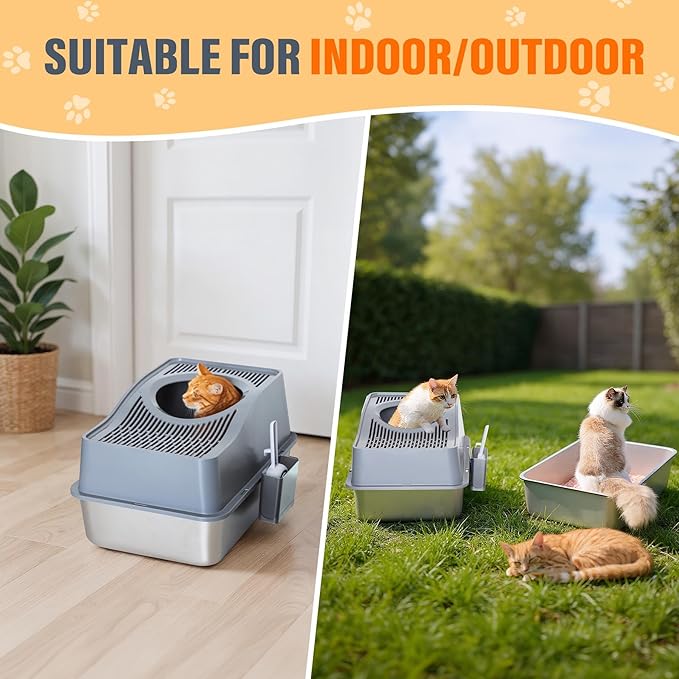 Top Entry Cat Litter Box with Lid, Stainless Steel Enclosed Cat Kitty Litterbox, Top Loading Large Metal High Side Litter Pan Tray Box Enclosure Easy Cleaning Anti-Leakage