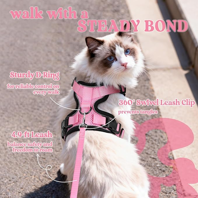 rabbitgoo Cat Harness and Leash for Walking, Escape Proof Soft Adjustable Vest Harnesses for Cats, Easy Control Breathable Reflective Strips Jacket, Pink, S
