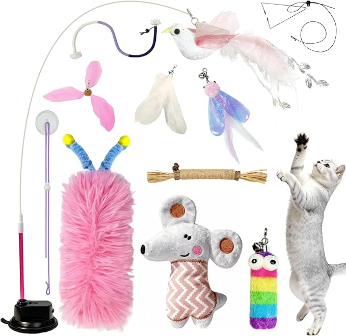 7-in-1 Kitten Toys for Indoor Cats with Washable Adhesive Suction Cup, Hanging Interactive Cat Toys, Silvervine Stick and Sisal Chew Rope Catnip Teething Toy for Bored Kitten (Pink)