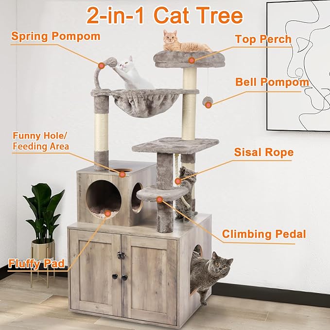 Cat Tree with Litter Box Enclosure, 2-in-1 Cat Tower for Indoor Cats, Large Wood Cat Condo with Basket, Scratching Posts, Pompoms, Grey