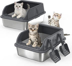 2 Pack Small Stainless Steel Litter Box with Lid for Kitten, Metal Cat Litter Boxes High Sided Enclosed for Injured Cats and Rabbit, Anti-Urine Leakage | Non-Stick Bottom & Includes Scoop