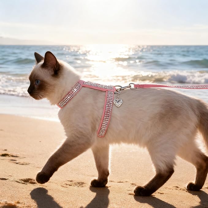 EXPAWLORER Cat Harness and Leash Set - Escape Proof Adjustable Cat Harness, H-shped Comfortable Soft Lightweight Kitten Harness for Outdoor Walking, for Small Medium Cats,Pink Rhinestones S