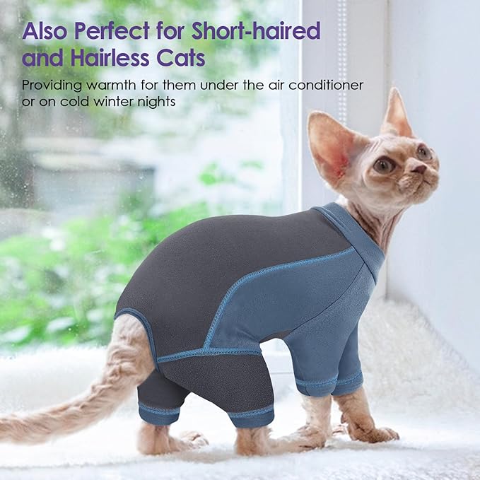 SUNFURA Hair Sticky Cat Clothes, Cat Sweater for Cats Only, 4-Legged Fleece Sweaters Kitten Pajamas Reduce Shedding Fur, Warm Pullover Shirts for Cats, Blue S