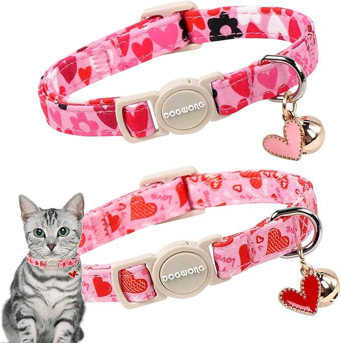 2 Pack Cat Collars Breakaway with Bell, DOGWONG Safety Buckle Valentine's Day Cat Collar Pink Heart for Girl Boy Cats and Small Dogs，Adjustable 7-12 Inch,Pet Supplies Accessories