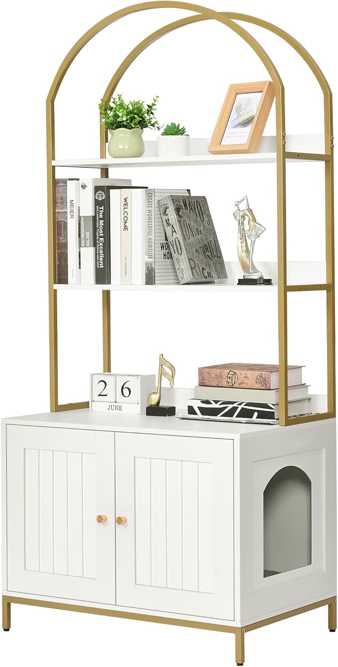 Homhedy Cat Litter Box Enclosure, Litter Box Furniture Hidden with 2-Tier Storage Shelves, Wooden Cat Washroom Furniture with Metal Frame, Modern Style, White and Gold
