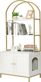 Homhedy Cat Litter Box Enclosure, Litter Box Furniture Hidden with 2-Tier Storage Shelves, Wooden Cat Washroom Furniture with Metal Frame, Modern Style, White and Gold