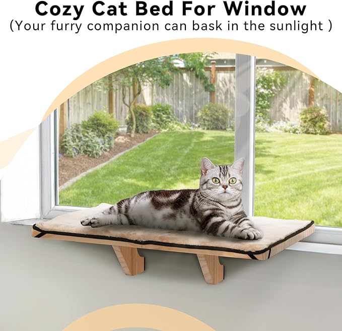 PETSFIT Cat Window Perch for 2 Cats, Adjustable Cat Hammock with Removable Fleece Mat, Natural Solid Wood Design, Easy to Assemble Window Perch for Large Cats, Fits Windowsill, Bedside & Drawer