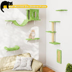 NUNU LAB Wall Mounted Cat Furniture Set - 6 Pcs Climber Set with House, Bridge, Steps, Scratcher Board - DIY Walls Playground, Indoor Cat Shelves - Green