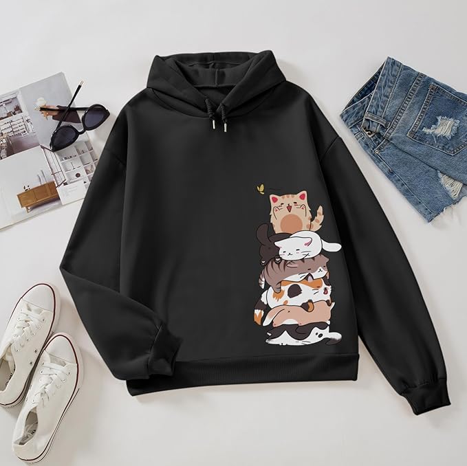 Tuislay Cute Cat Graphic Hoodies for Teen Girls Kawaii Cartoon Printed Hoodie Women Anime Print Hooded Sweatshirt Pullover