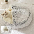 ShinHye Cozy Cat Bed - Round Plush Fluffy Hooded Cave, Indoor/Outdoor, Waterproof & Washable, Calming Anti-Anxiety Design - 23x23 Inch, Grey