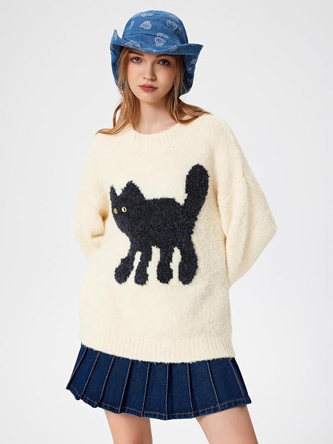 CIDER Women’s Cat Sweater Long Sleeve Crew Neck Fun Graphic Cute Patterned Chunky Pullover Sweater Tops