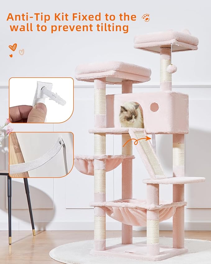 Taoqimiao Cat Tree 57.5-Inch, Cat Tower for Indoor Cats Large Adult, Extra Large Cat Condo, 8 Sisal Scratching Posts, Metal Frame Cozy Hammock, Durable Scratch Board, 2 Top Perches, Jelly Pink MS026P