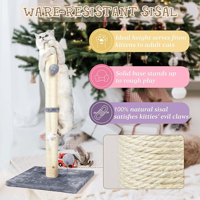 ANWA 32" Tall Cat Scratching Posts for Indoor Cats, 3-in-1 Cat Scratching Post with Plush Toys, Premium Sisal Post for Cats at All Ages with Reinforced Stable Base, Gray