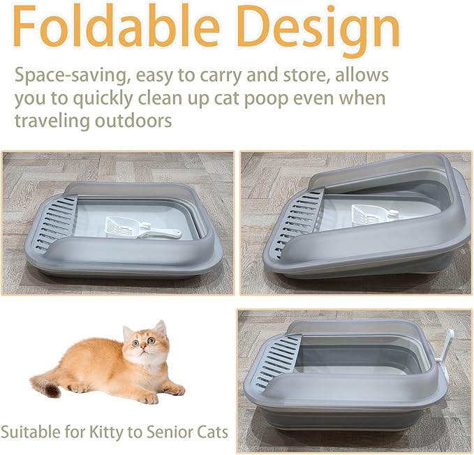 Collapsible Kitten Litter Box, Open High Sided Cat Potty Pan with Scoop Shallow Cat Toilet Anti-Splashing Low Entrance Travel Litter Box with Falling Sand Pedal for Kitty to Senior Cats