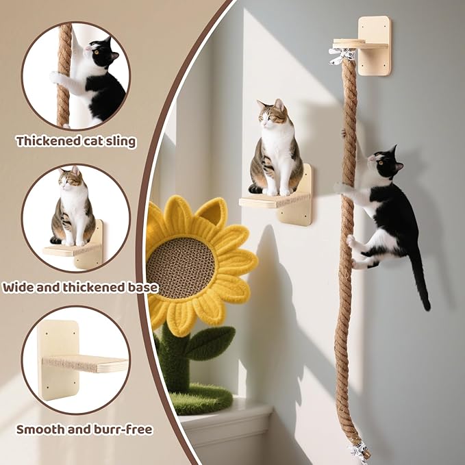 Cat Climbing Wall, Wall Mounted Cat Ladder, Cats Climbings Pole with 59in Climbing Rope, Larger and Wider Base Cats Ladder for Walls with Scratching Post (1.5m/59in Long)