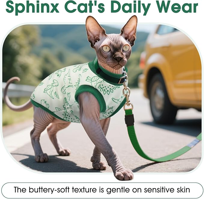 DENTRUN Sleeveless Cat Vest with Dinosaur Print, Breathable Ultra-Soft Dralon Fleece Cat Sweater, All-Season Pet Costume Apparel for Cats, Kitten Clothing for Indoor/Outdoor, Green, XXL