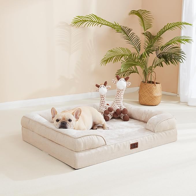 EHEYCIGA Orthopedic Dog Beds for Extra Large Dogs, Waterproof Memory Foam XXL Dog Bed with Sides, Non-Slip Bottom and Egg-Crate Foam Big Pet Couch Bed with Washable Removable Cover, Beige