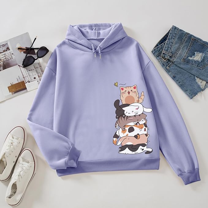Tuislay Cute Cat Graphic Hoodies for Teen Girls Kawaii Cartoon Printed Hoodie Women Anime Print Hooded Sweatshirt Pullover