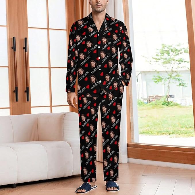 Custom Face Pajamas for Women Men,Personalized Dog Cat Pet Pajamas Set,Christmas Long Sleeve Sleepwear Pjs
