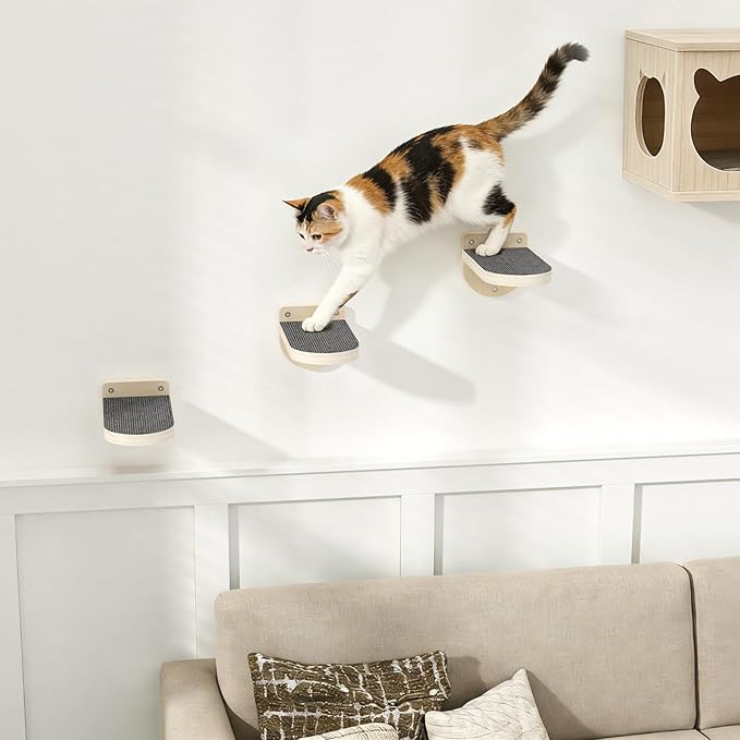 Cat Wall Shelves, 3 in 1 Cat Wall Furniture Set with Non-Slip Carpet, Wooden Wall-Mounted Kitten Climber Shelves for Jumping & Playing
