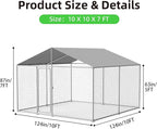 10x10 FT Outdoor Dog Kennel Outside with Metal Large Dog Gate, Outdoor Dog Pens with Roof, Heavy Duty Dog Kennel for Backyard Farm Use (124x124x87IN)