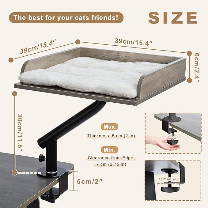 PAWZ Road Cat Desk Bed, Wooden Cat Bed for Desk Supports Up to 50 lbs, 360° Rotation & Adjustable, Nest Desktop Attachment Cats Hammock for Table, Gray