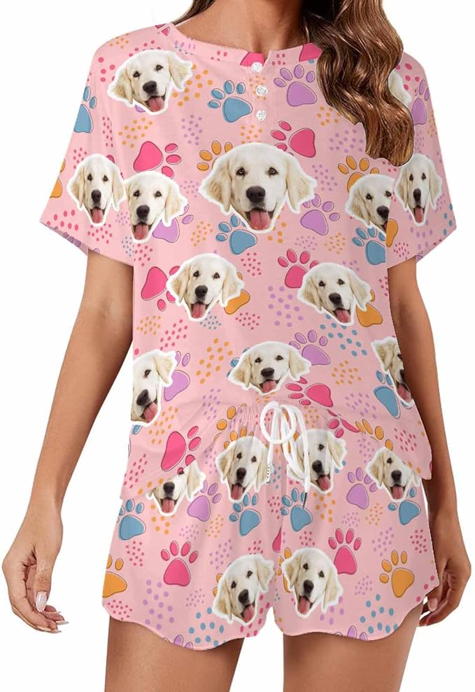 D-Story Custom Short Pajama Set with Pet Face Personalized Photo Sleepwear 2 Pieces Pjs Nightwear Xmas Gift for Women