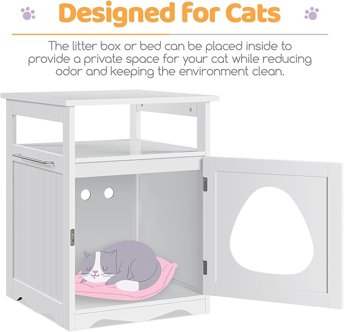Yaheetech Cat Litter Box Enclosure, Hidden Litter Box Furniture with Open Shelf, Indoor Cat Washroom, Storage Cabinet Pet Crate, Side End Table, Wooden Pet House White