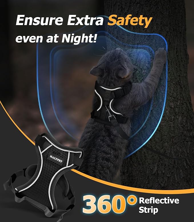Halypet Cat Harness and Leash Set - MAX Safety 4th-Gen Upgrade, Escape Proof, Adjustable, Comfortable Soft Vest, Easy to Wear Kitten Harness with Reflective Strip for Cats Walking - Small Black
