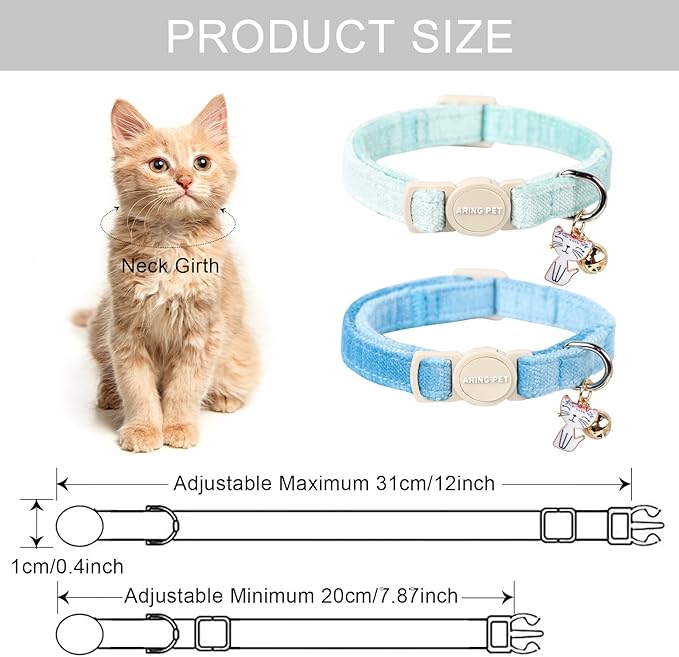 ARING PET 2 Pack Cat Collar-Cute Cotton Cat Collar with Bell & Pendant, Adjustable Blue Green Kitten Collars with Safety Buckle for Girl and Boy Pets
