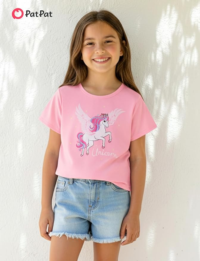 PATPAT Girls Crewneck Short Sleeve Graphic Tees Animal Print Shirts Cute Summer Outfits 5-12 Years
