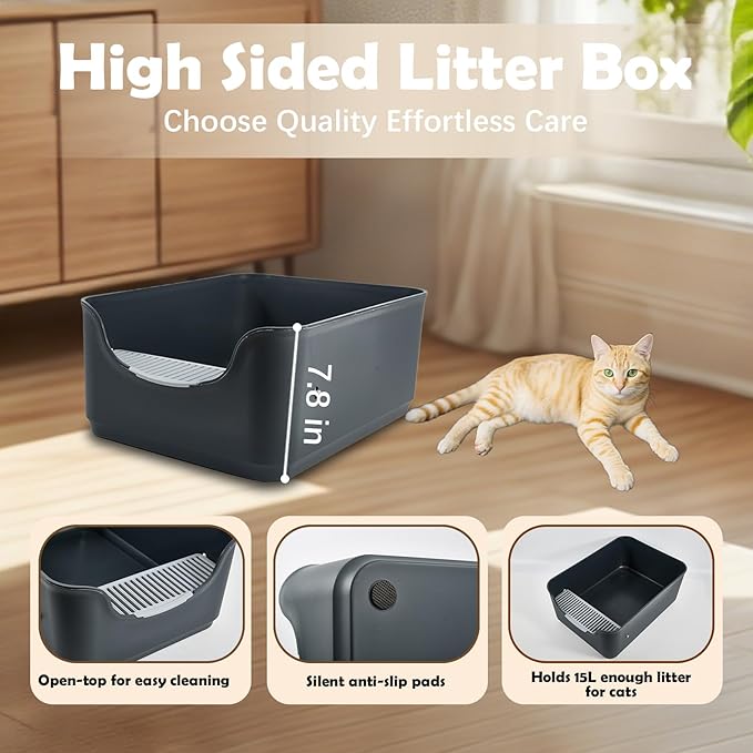 Large Cat Litter Box with High Sides,Cat Boxes for Indoor Cats,Cat Litter Pan for Kitty,Litter Box with Low Entry,Easy to Clean,Anti-Splashing (Brighter White)
