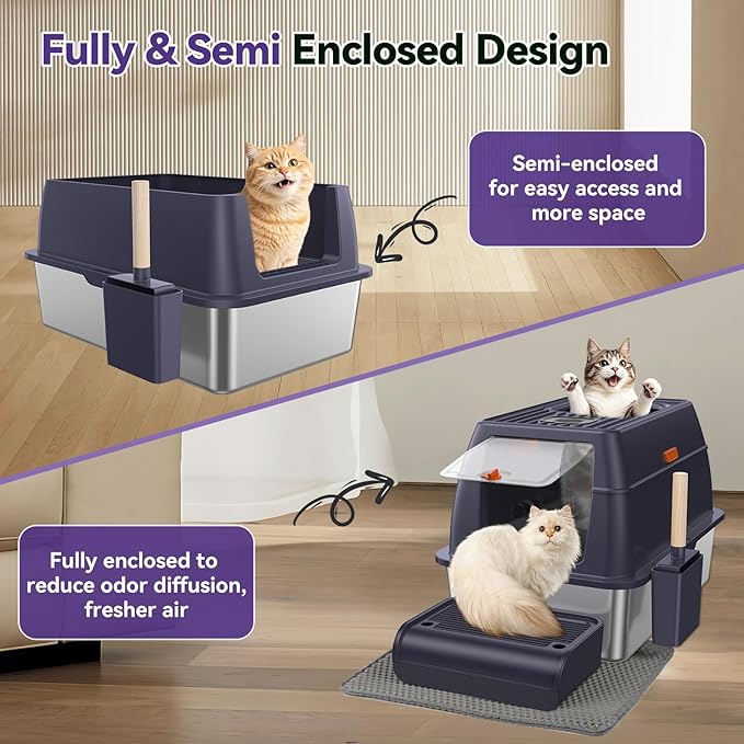 Stainless Steel Litter Box with Lid, Cat Litter Box Enclosure XL Odor-Proof with Litter Mat, Covered Litter Box Rust-Resistant Durable for Big Cat, Easy Clean 37L Capacity (Dark Purple)