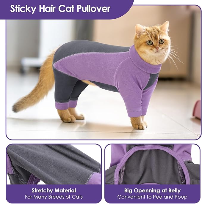 SUNFURA Hair Sticky Cat Clothes, Cat Sweater for Cats Only, 4-Legged Fleece Sweaters Kitten Pajamas Reduce Shedding Fur, Warm Pullover Shirts for Cats, Purple M