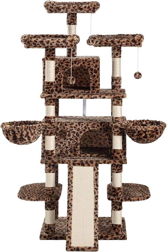 SHA CERLIN 68 Inches Multi-Level Large Cat Tree for Large Kitties/Big Cat Tower with Condo/Cozy Plush ‌Pussycat Perches/Sisal Scratching Posts and Hammocks/Activity Center/Leopard Print