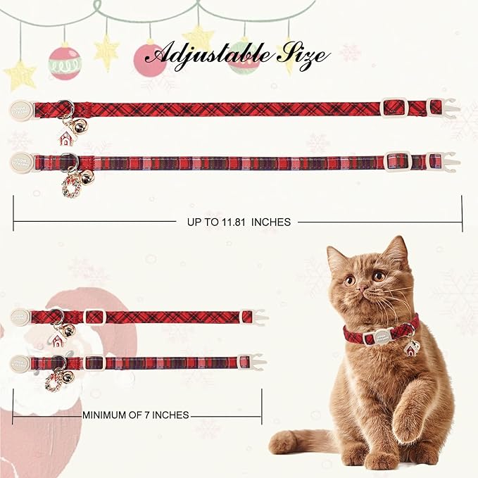 Unique Style Paws Kitten Collars,Cute Cats Collar with Bell,Kitten Collar Breakaway Buckle with Red Green Pattern,Adjustable Cat Collars,Ideal Gift for Boy Girl Cats