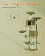 Feandrea Cat Tree, 81.1-Inch Large Cat Tower, Multi-Level Plush Condo with 13 Scratching Posts, 2 Perches, 2 Caves, Basket, Hammock, Pompoms, Green UPCT190C01