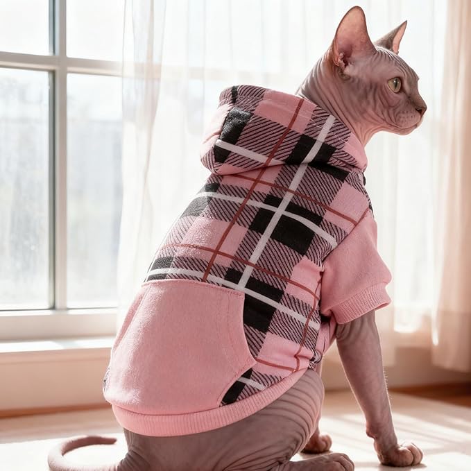 EXPAWLORER Plaid Cat Hoodie - British Style Warm Cat Sweater Shirt with Leash Hole,Pet Clothes Outfits,Winter Coat Apparel for Puppy Cats Girl Boy-Kitten Apparel,Pink L