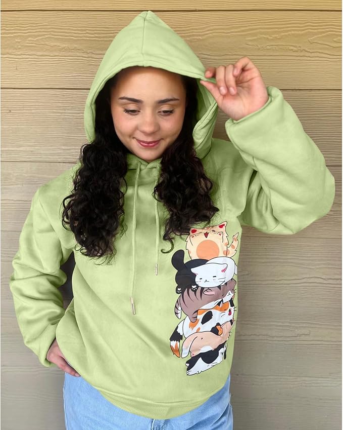 Tuislay Cute Cat Graphic Hoodies for Teen Girls Kawaii Cartoon Printed Hoodie Women Anime Print Hooded Sweatshirt Pullover
