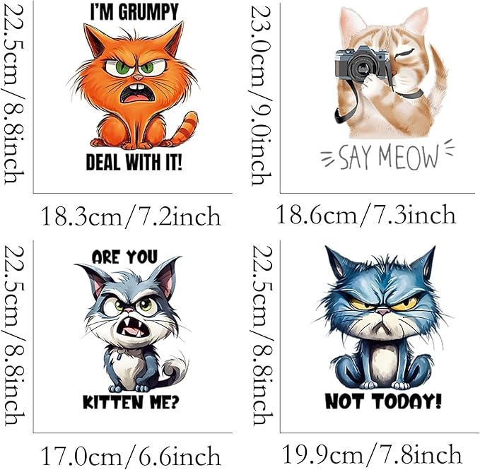 4pcs Angry Cat Pets Iron On Heat Transfer Stickers Ready to Press Vinyl Decal Patches for Jeans T-Shirt Jackets Backpacks Pillows DIY Appliques Decor