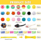 Kitten Toys, 60PCS Cat Balls Springs Toy Set, Cat Mouse Toy, Kitten Sparkle Crinkle Balls Furry Soft Pom Pom