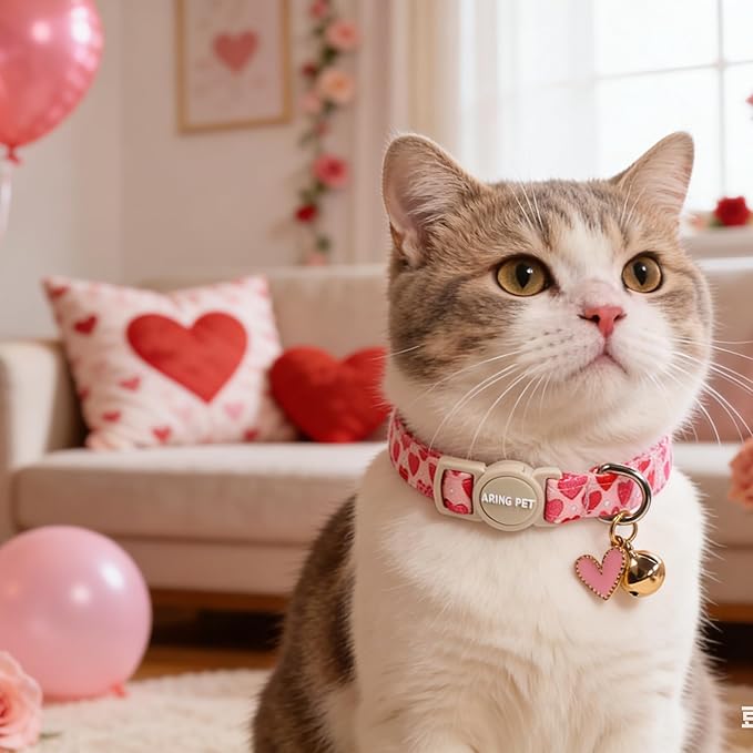 ARING PET 2 Pack Valentine's Day Cat Collar, Breakaway Kitten Small Black White Pink Heart Collars with Bells for Girl Boy Cats
