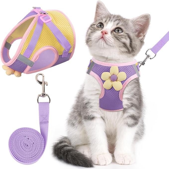 Cat Harness and Leash Set for Walking Escape Proof, Adjustable Kitten Harness Breathable Mesh with Reflective Strips Harness with Flower for Kitty Puppy Bunny Purple XS