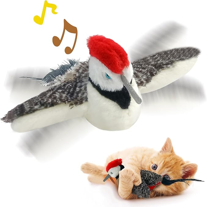 Cat Toys, Flapping Wings Woodpecker, No Flying, Chirping Bird Interactive Catnip Toy for Kitten or Small Dogs, Touch Activated, Rechargeable, 3 Modes