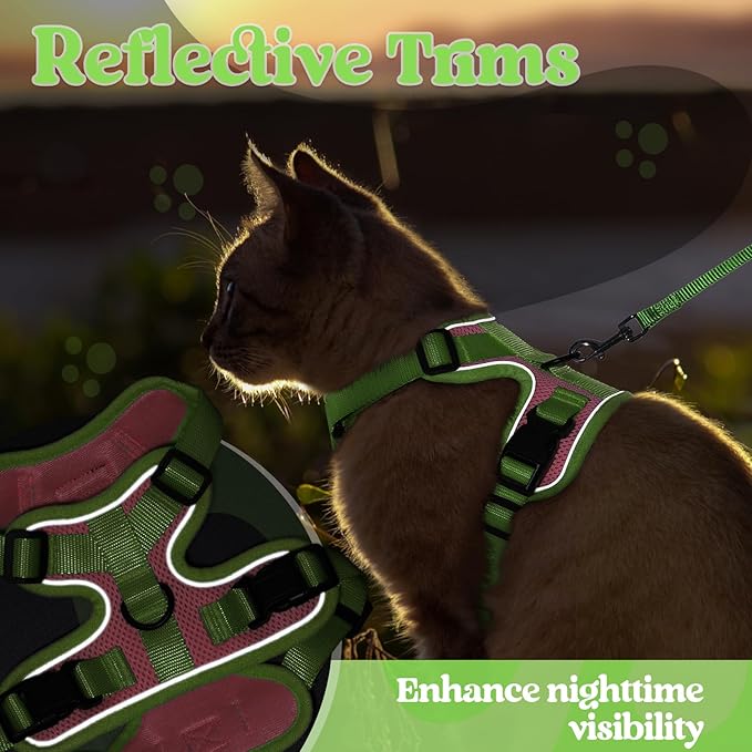 rabbitgoo Cat Harness and Leash Set, Escape Proof Soft Adjustable Vest Harnesses for Outdoor Walking, Easy Control Breathable Kitten Jacket with Reflective Strips, Pink & Light Green, S
