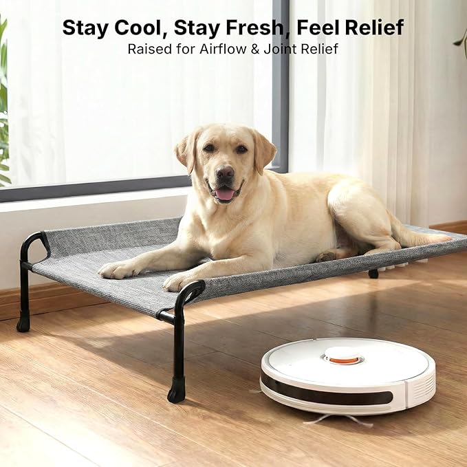 Veehoo Outdoor Elevated Dog Bed with Headrest Sides, Raised Dog Beds for Large Dogs, Washable Cooling Dog Cot with Non-Skid Feet, Breathable Mesh, Pet Hammock for Indoor or Camping, 41", Black Silver