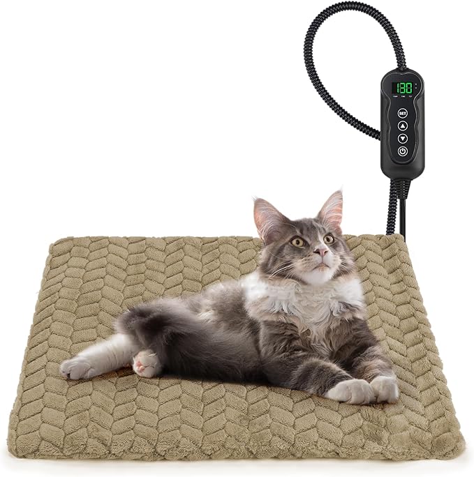 GASUR Heated Cat Bed, Waterproof Cat Heating Pad Indoor w/Timer, Temp Adjustable Pet Heating Pads for Cats Dogs, Auto Power-Off, Cats Warming Bed w/Remove Washable Cover, Anti-Chew, 18''x16'', Small